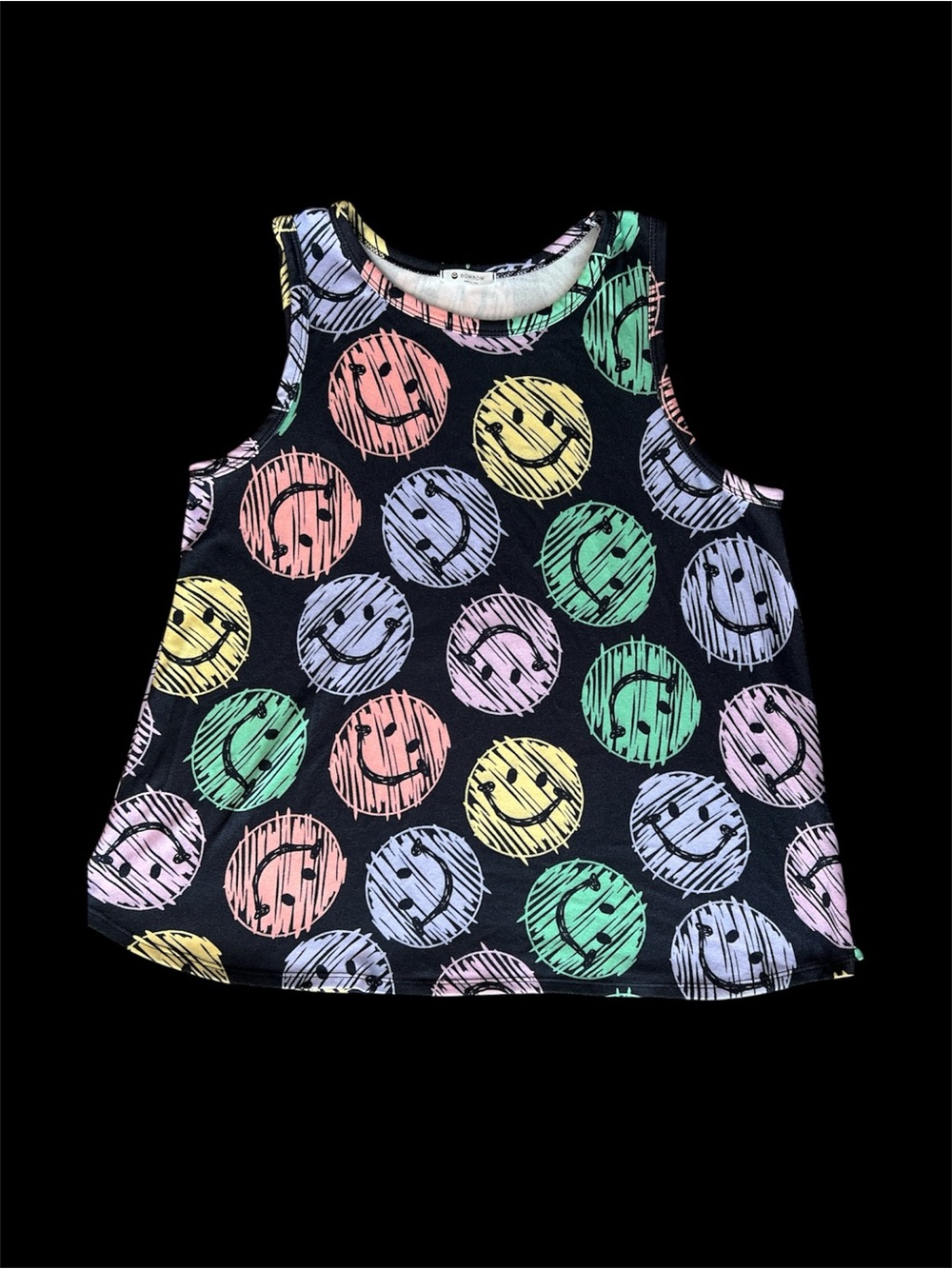 Bombom Smiley Face Swing Tank Top | Black Multi Color | Size L Charming Charlie